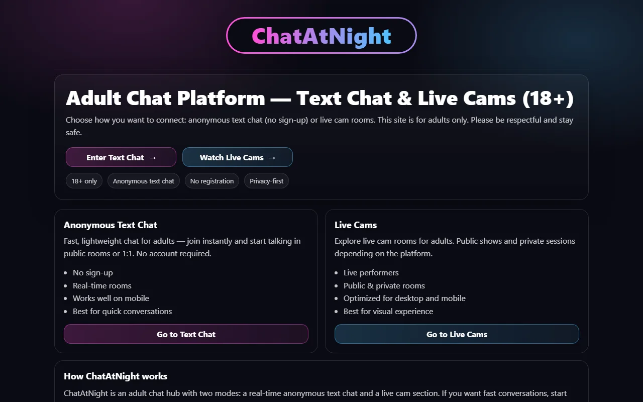 ChatAtNight homepage screenshot
