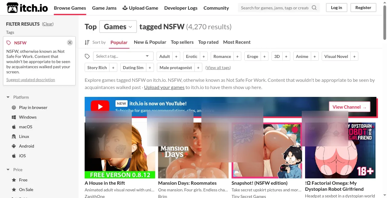 itch.io NSFW tagged adult games listing