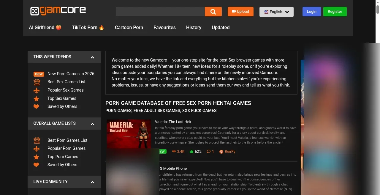 Gamcore homepage showing free adult browser games