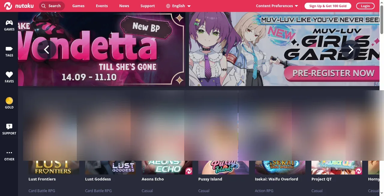 Nutaku homepage adult gaming platform