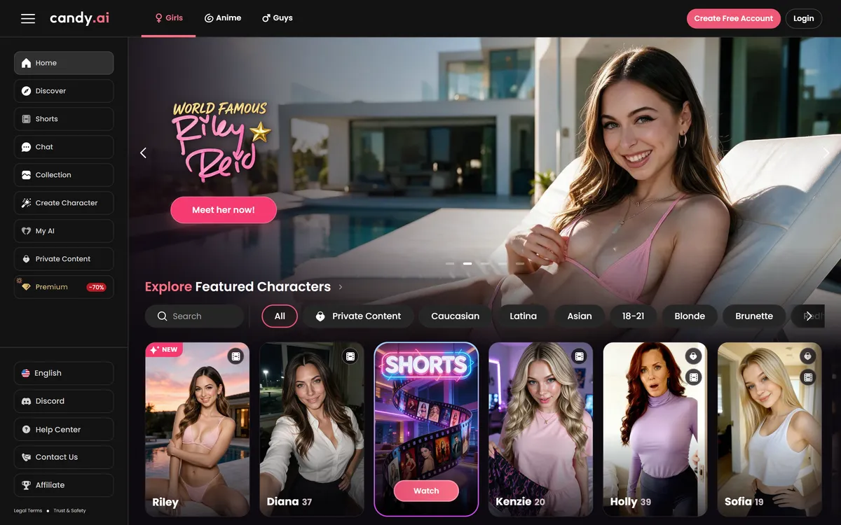 Candy.ai homepage hero β Explore Featured Characters gallery