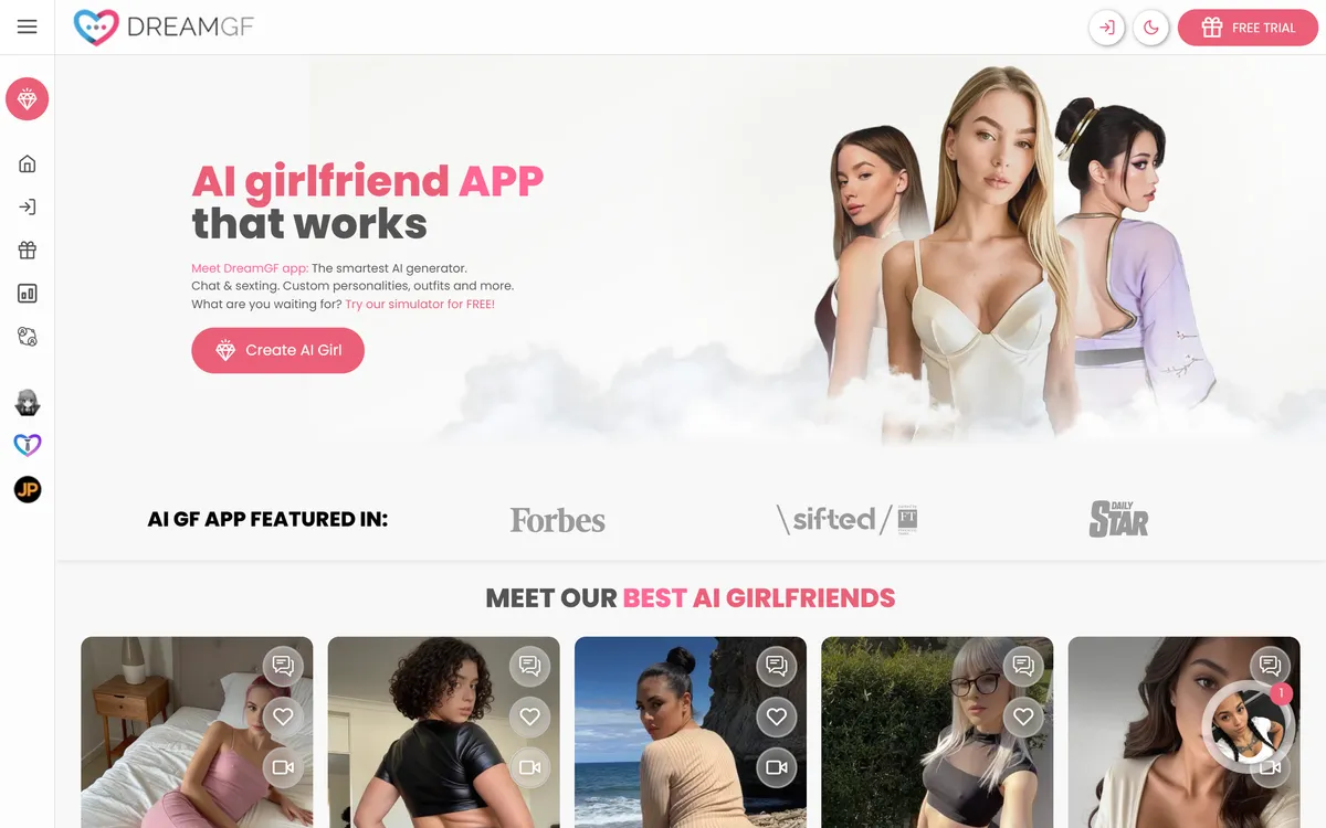 DreamGF homepage hero β AI girlfriend app that works