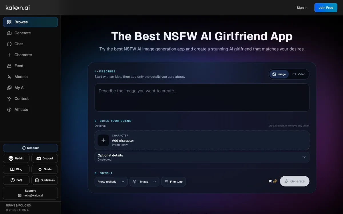 Kalon homepage hero β The Best NSFW AI Girlfriend App, with the image generation form