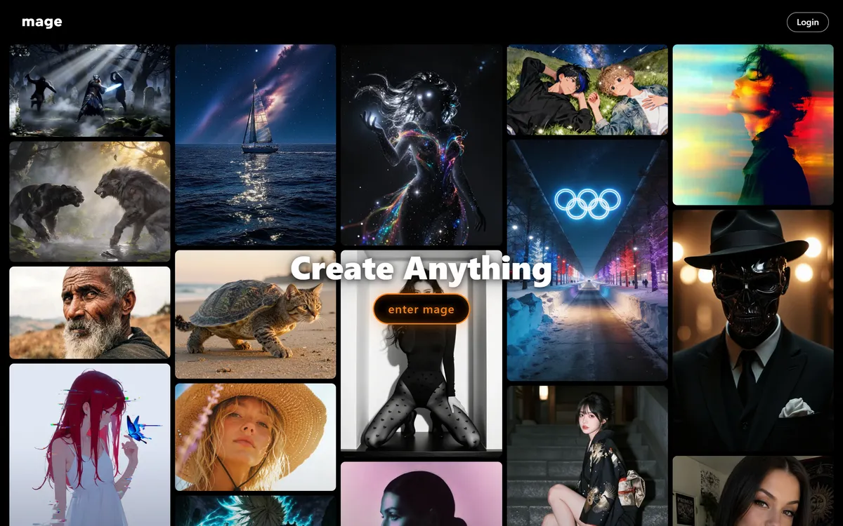Mage homepage hero β Create Anything, the unlimited AI image and video generator