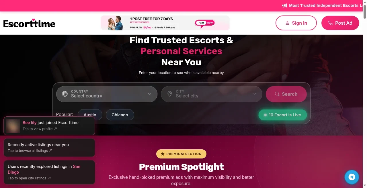 EscortTime homepage directory interface