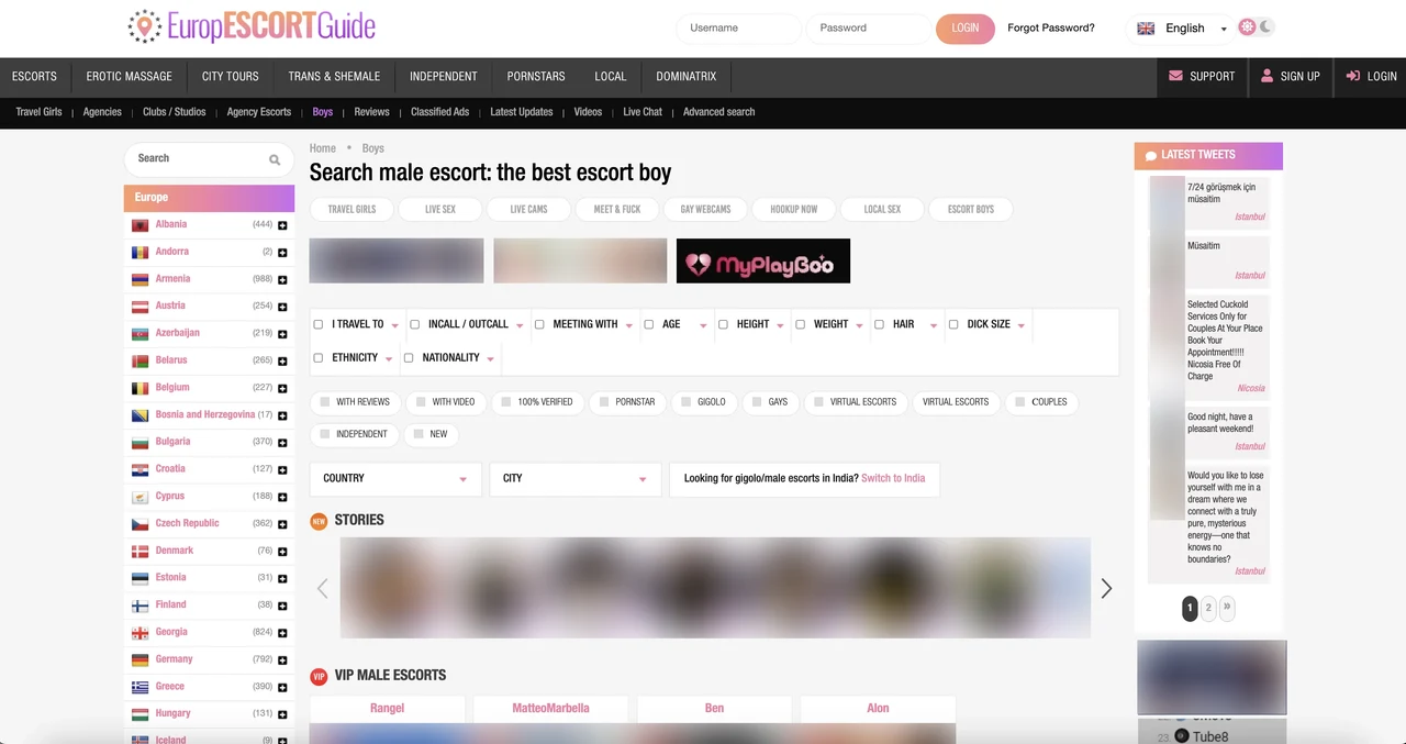 EuropEscortGuide escort-boys search page showing VIP male escorts and Europe filters