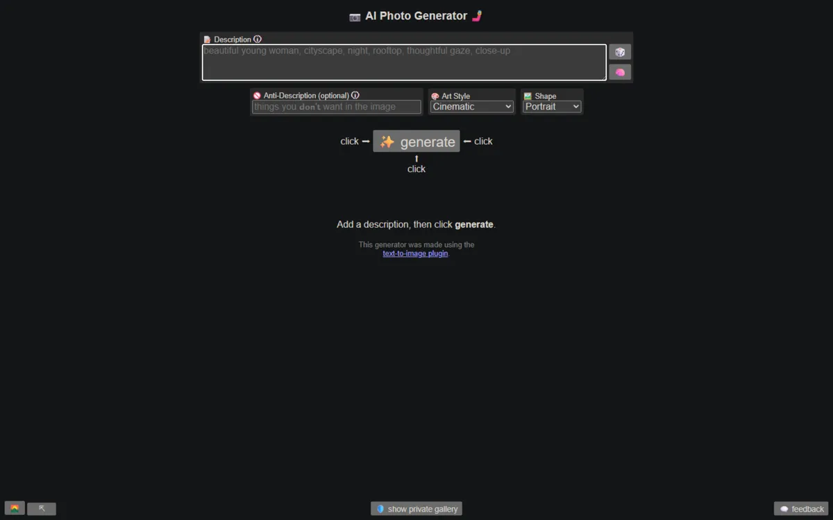 Perchance AI photo generator page β description box with art style and shape controls