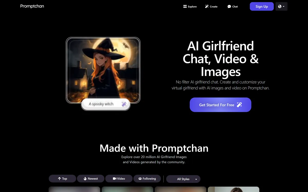 Promptchan homepage hero β AI Girlfriend Chat, Video & Images