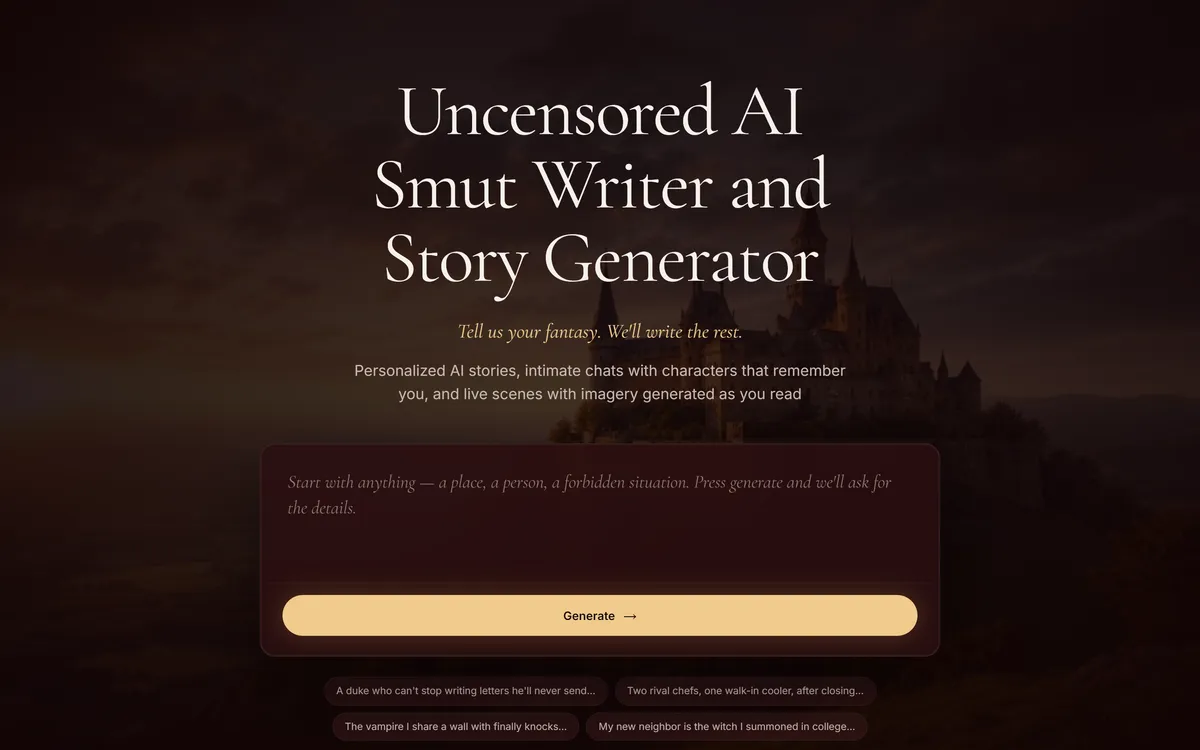 SmutFinder homepage hero β Uncensored AI Smut Writer and Story Generator