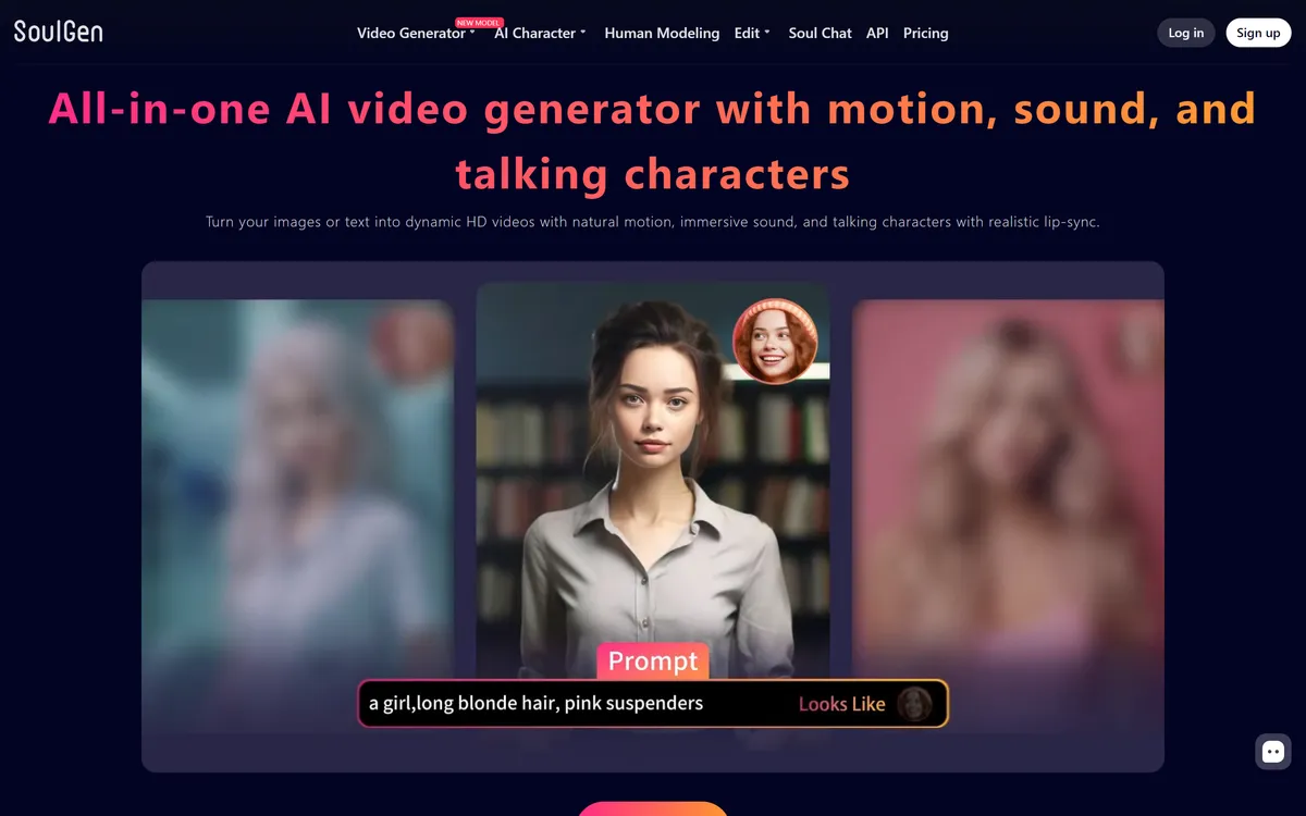 SoulGen homepage hero β all-in-one AI video generator with motion, sound and talking characters