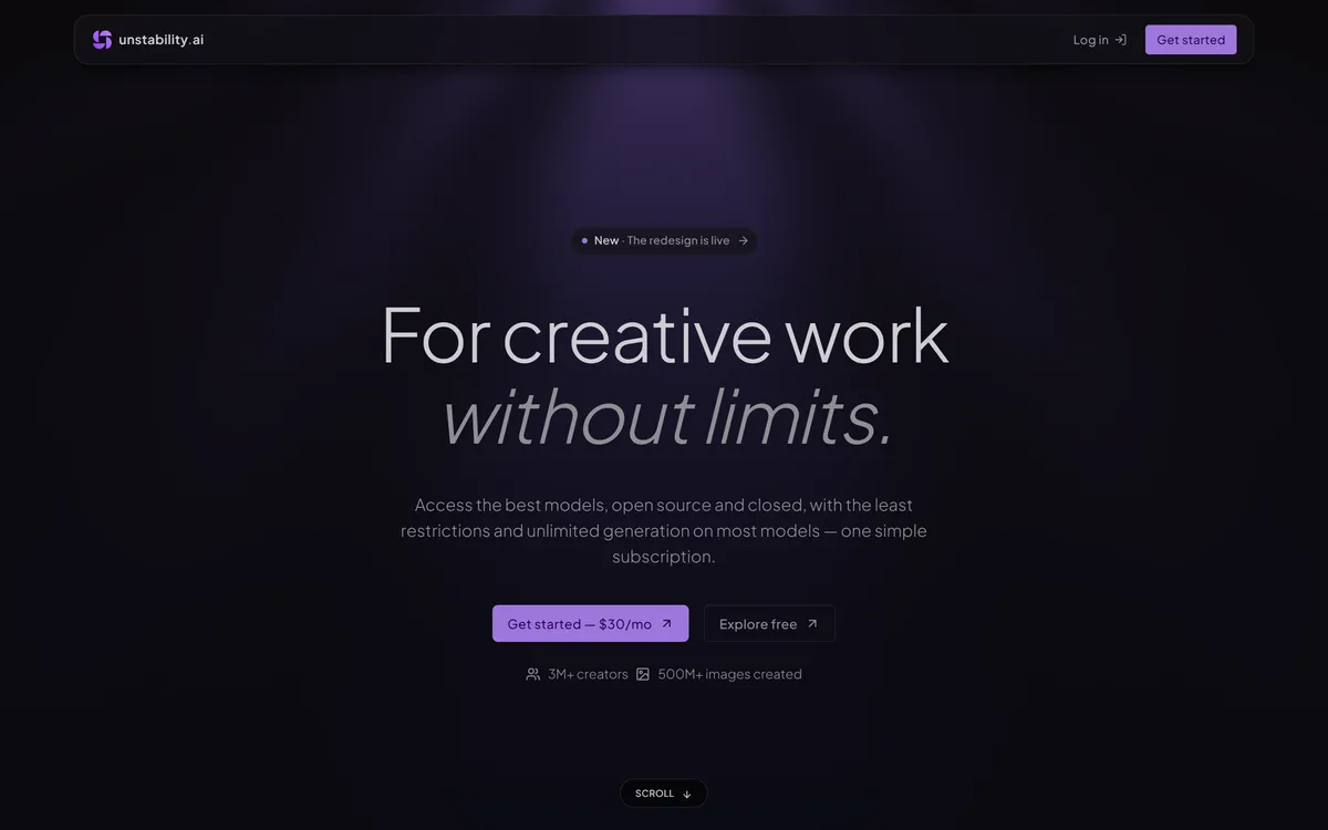 Unstability.ai homepage hero β For creative work without limits