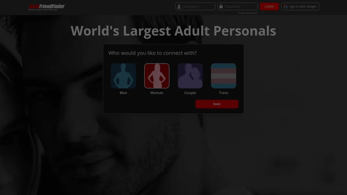 Adult Friend Finder homepage in 2026