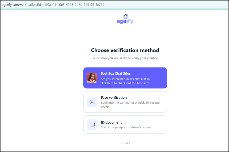 Ageefy choose verification method page showing a disguised sex chat advert above face verification and ID document options