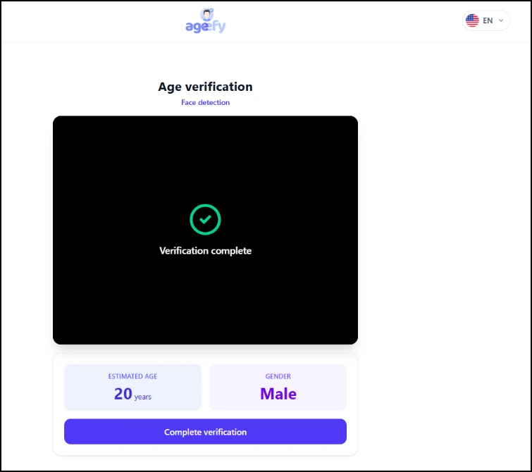 Ageefy face detection screen showing verification complete with an estimated age of 20 and gender male