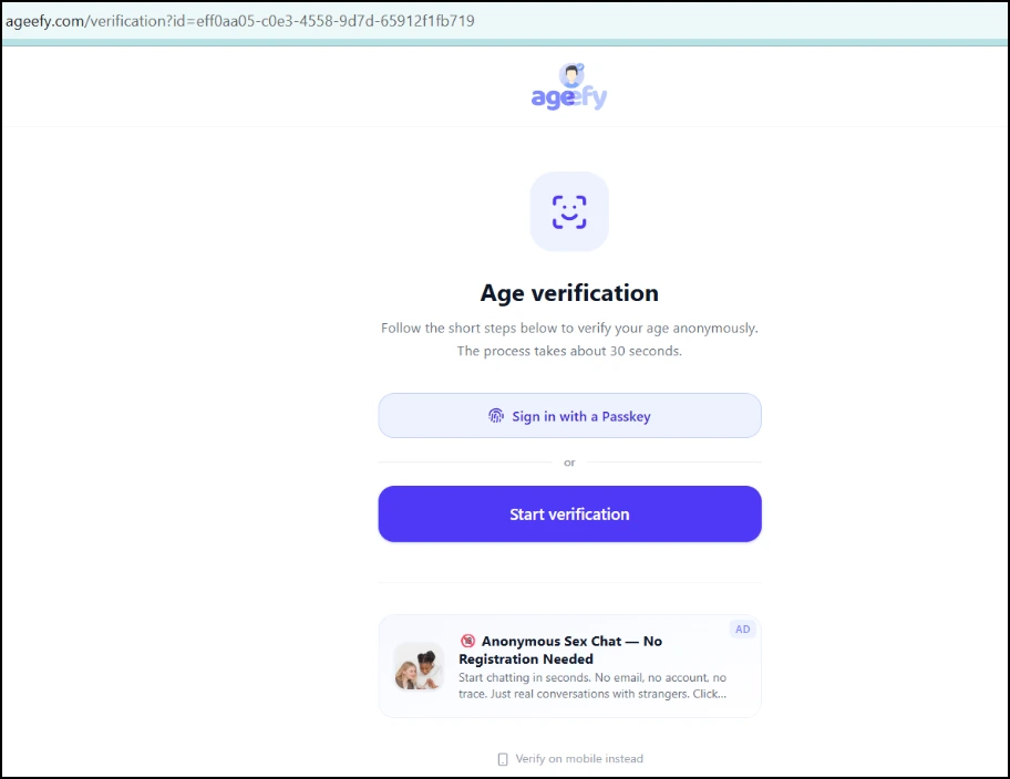 Ageefy third-party age verification start page with a sign in and start verification button and an advert for an anonymous sex chat site