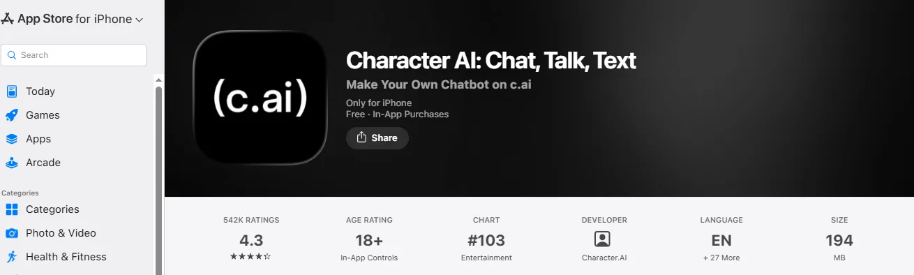 Character AI App Store Rating