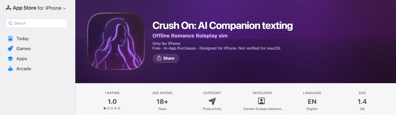 App Store Rating For Crushon.ai