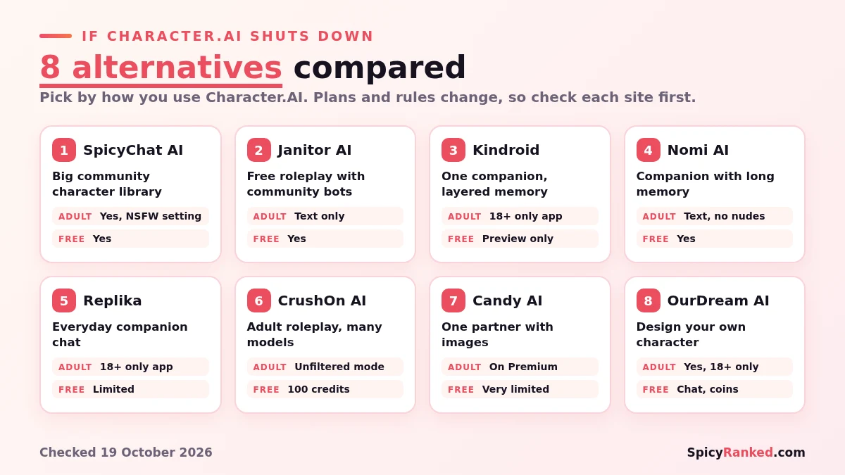Eight Character.AI alternatives compared by what each suits best, adult content and free option, from SpicyChat AI and Janitor AI to Kindroid, Nomi AI and Replika