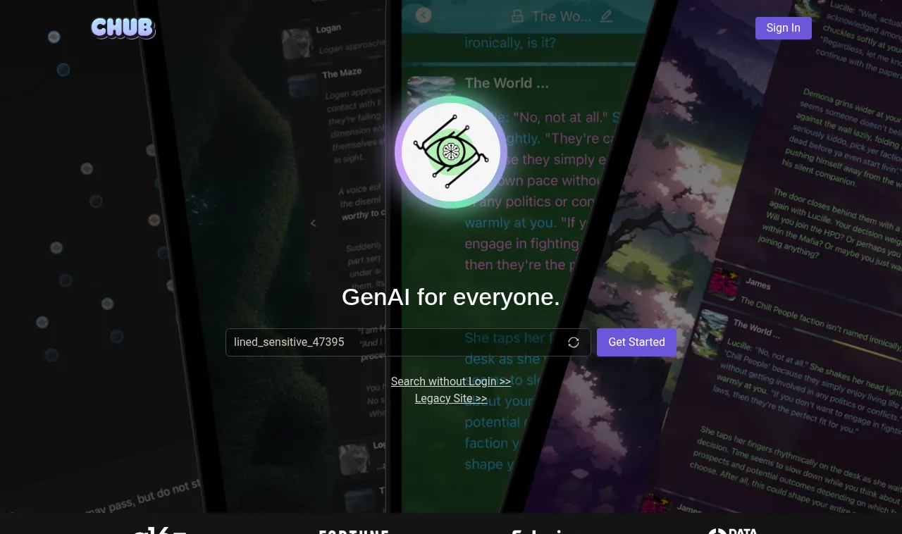 Chub AI homepage with its GenAI for everyone search page