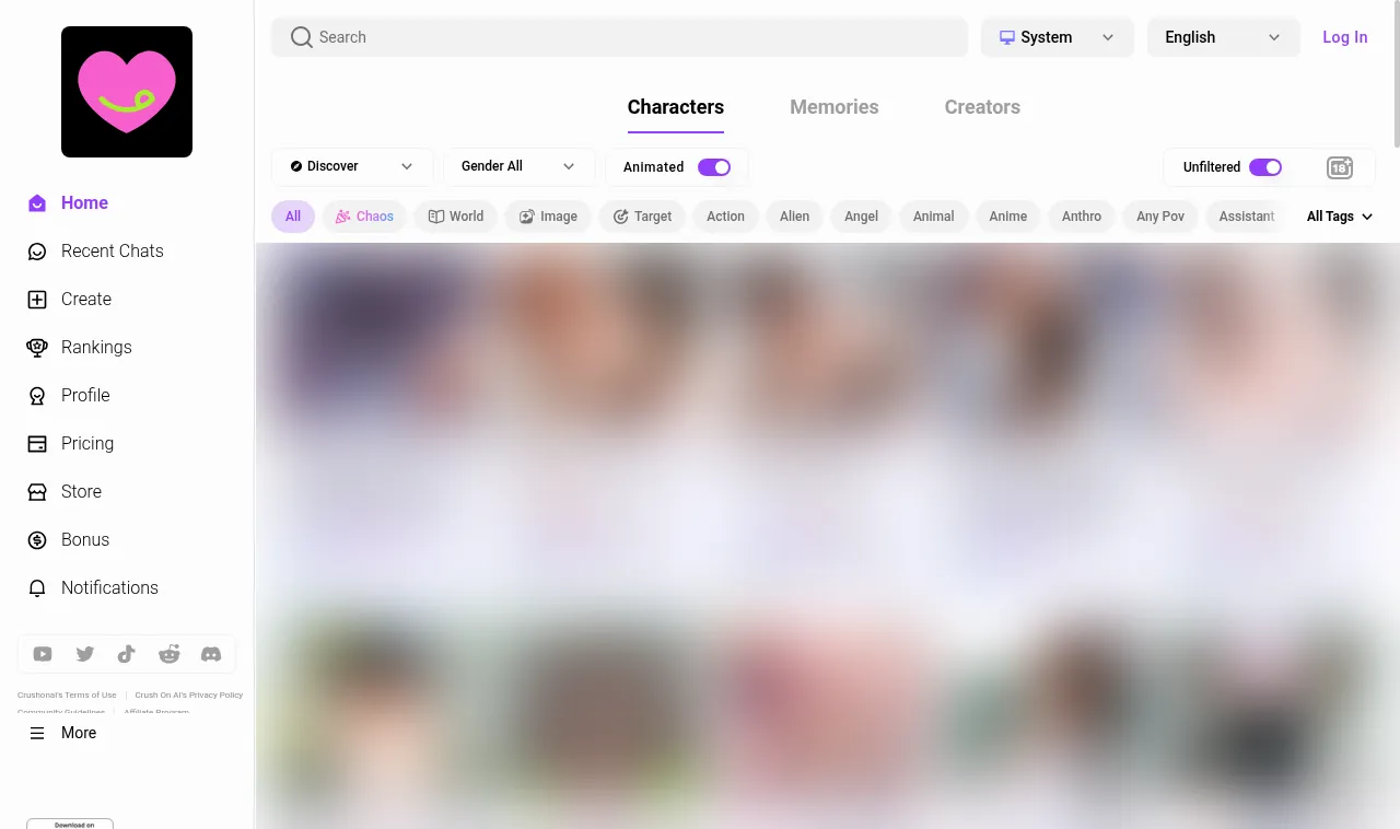 CrushOn AI homepage with its character grid blurred and the Unfiltered toggle