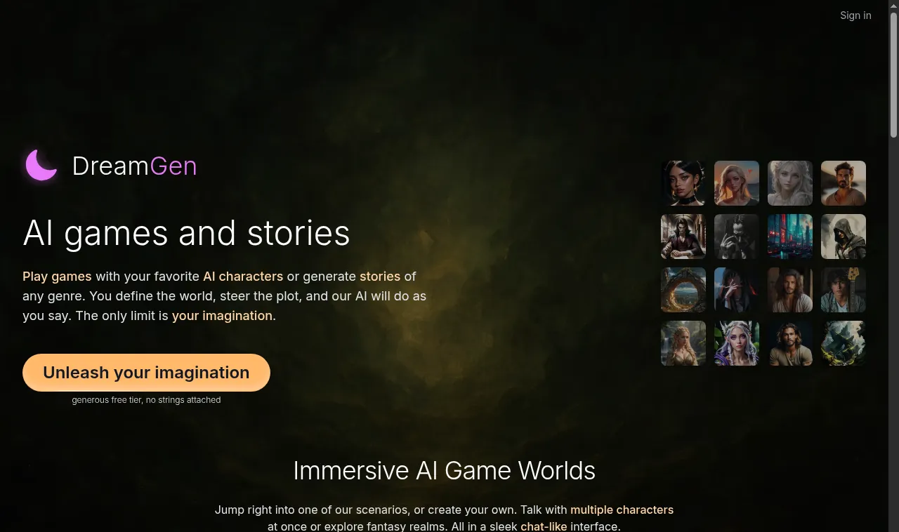 DreamGen homepage with its AI games and stories headline