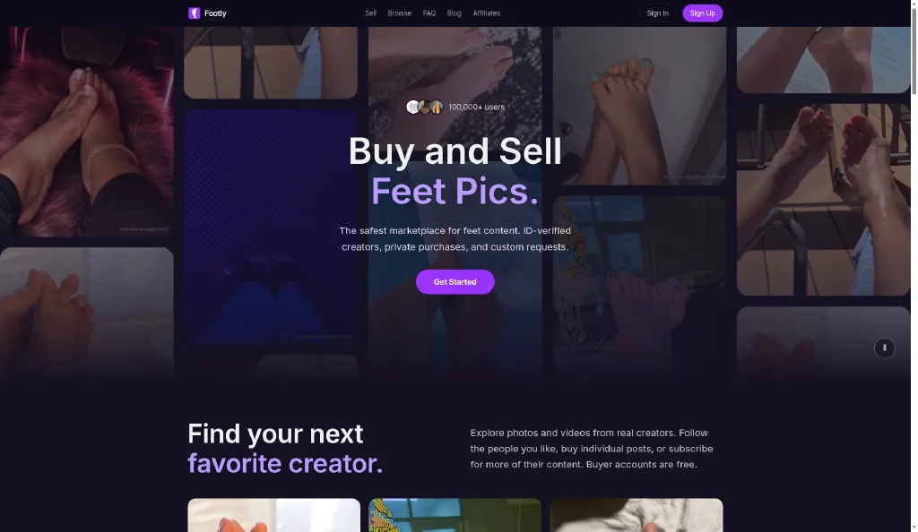 Footly homepage at tryfootly.com advertising ID verified creators and private feet content purchases