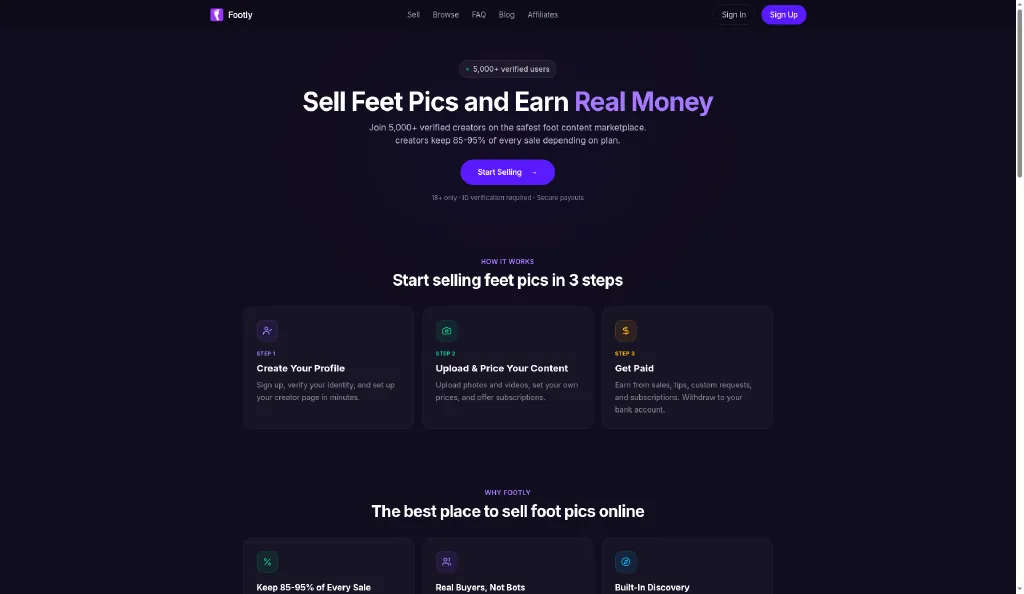 Footly sell feet pics page showing how it works steps and the three creator pricing plans