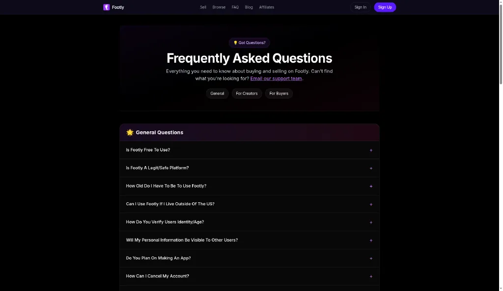 Footly FAQ page with general, creator and buyer questions including why sellers must pay