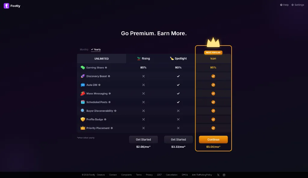 Footly creator subscribe page showing Rising, Spotlight and Icon plans with yearly pricing