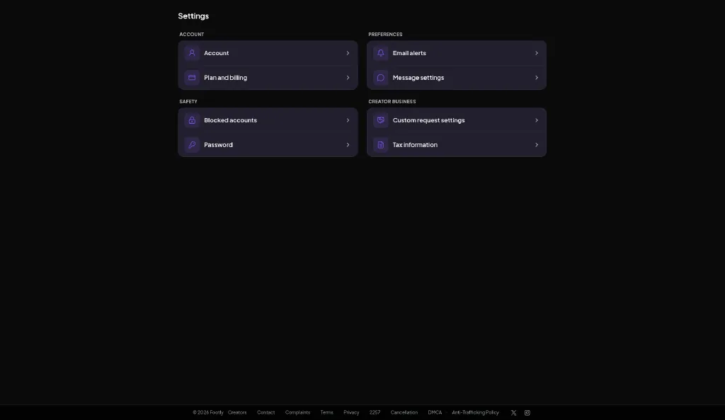 Footly settings hub listing account, plan, tax, message, custom request and alert options