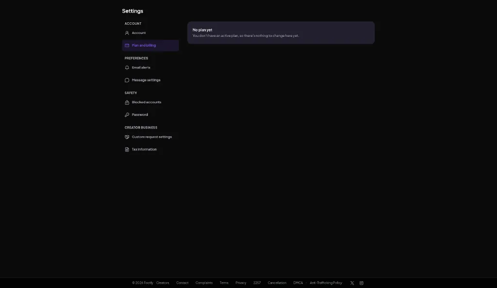 Footly plan and billing settings page showing no active creator plan