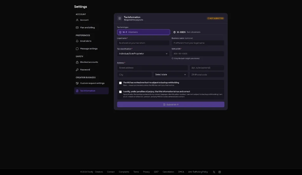 Footly tax information settings page for creator payouts