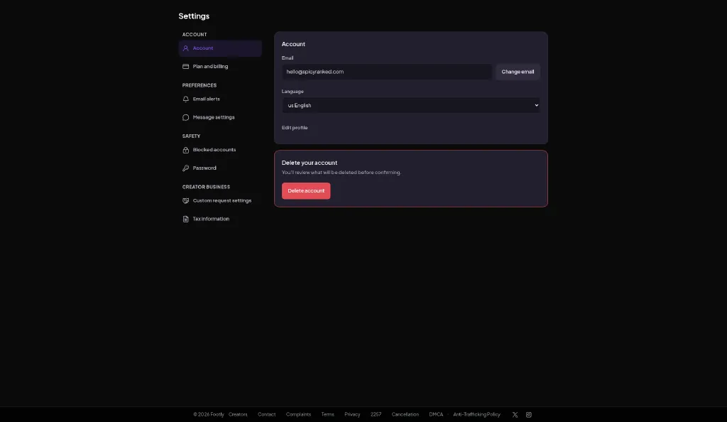 Footly account settings page for profile and login details