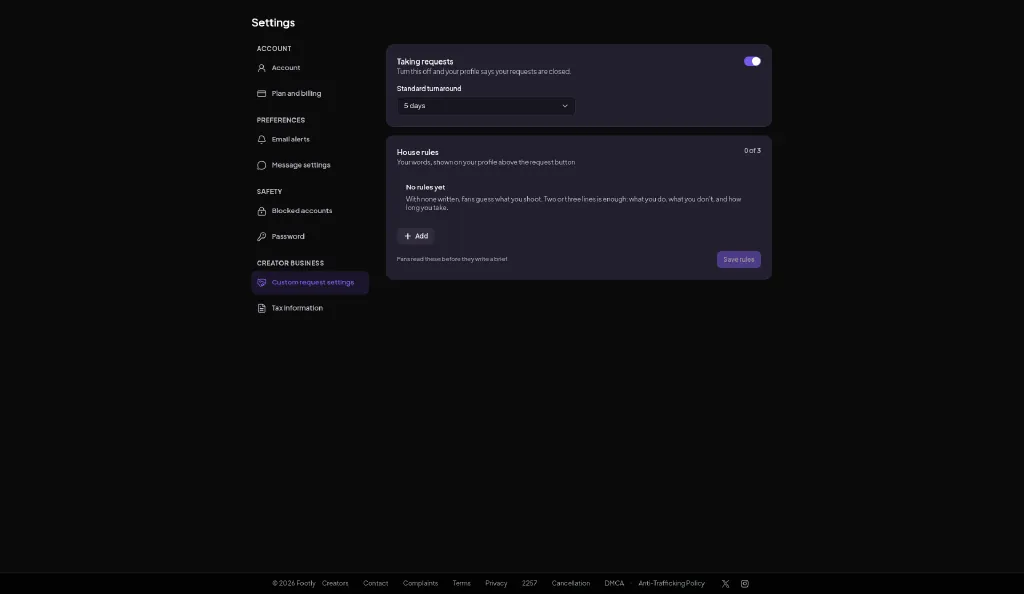 Footly custom request settings with five day turnaround and seller house rules