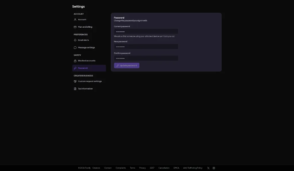Footly password change settings page