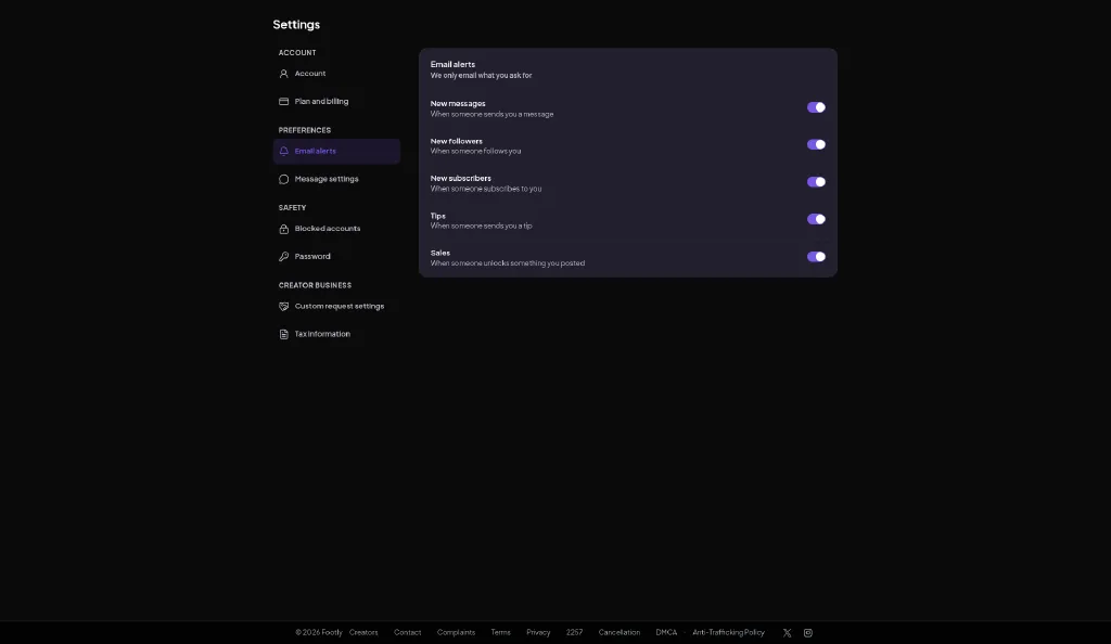 Footly email alert settings for sales, messages and account notices