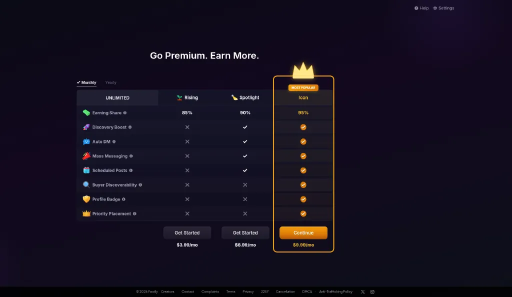 Footly creator plans with monthly pricing of $3.99, $6.99 and $9.99