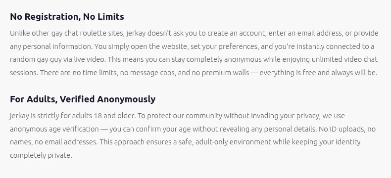 Jerkay homepage text promising no registration and anonymous age verification with no ID uploads