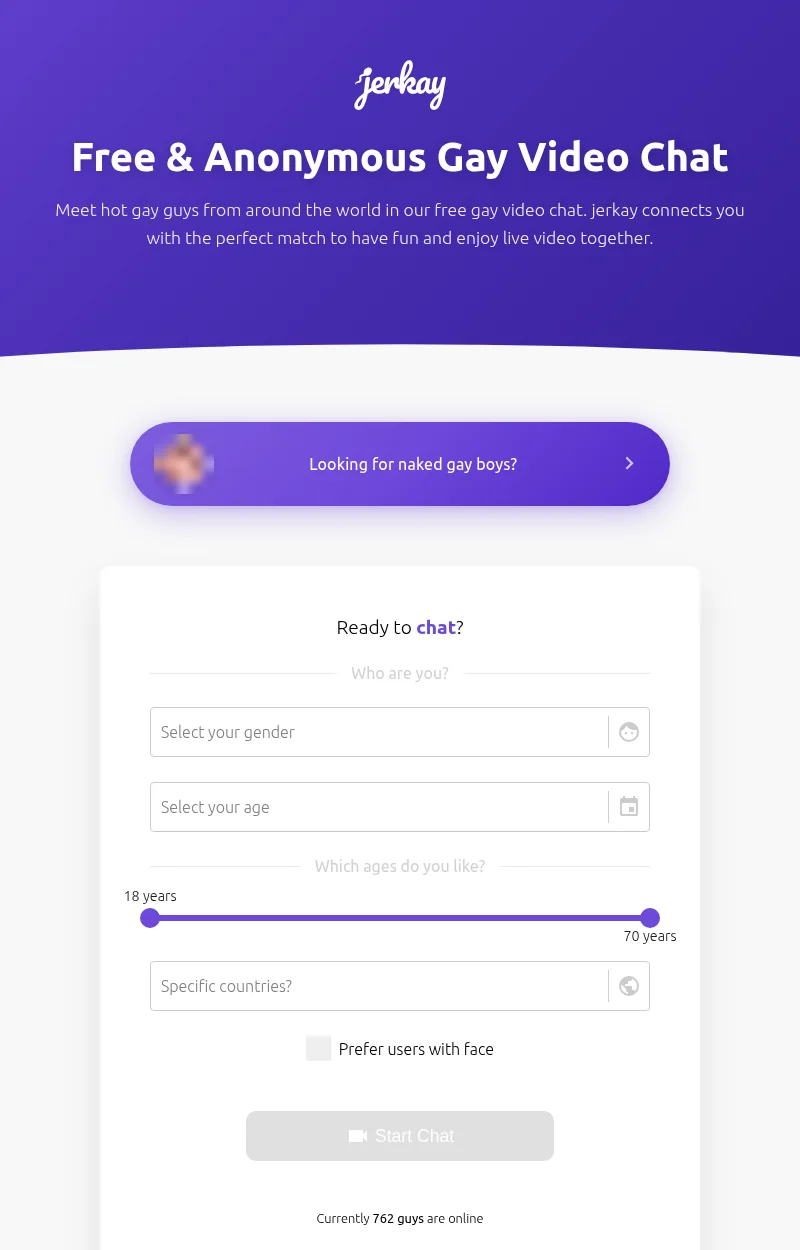 Jerkay homepage start form with gender, age, age range, country filter and Prefer users with face option