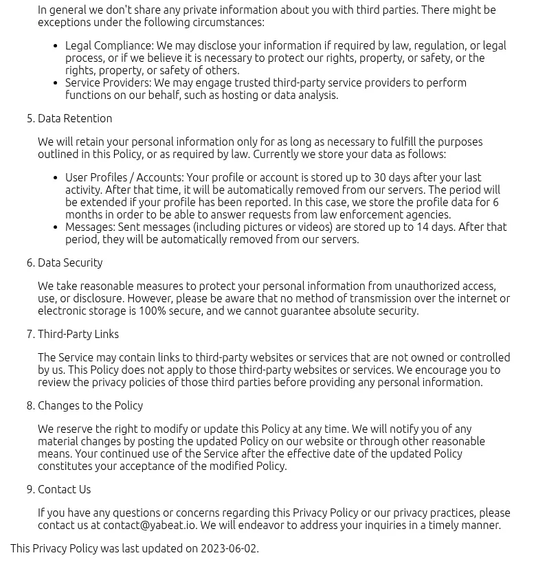 Jerkay Privacy Policy data retention section listing 30 days for profiles, 6 months for reported profiles and 14 days for messages