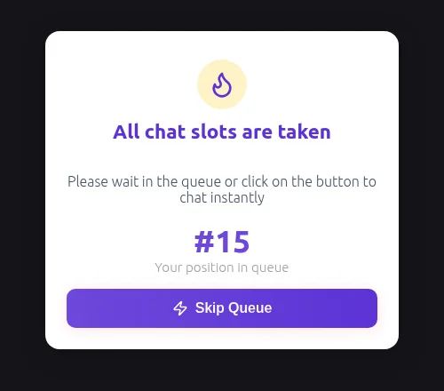Jerkay chat queue message saying all chat slots are taken with a Skip Queue button