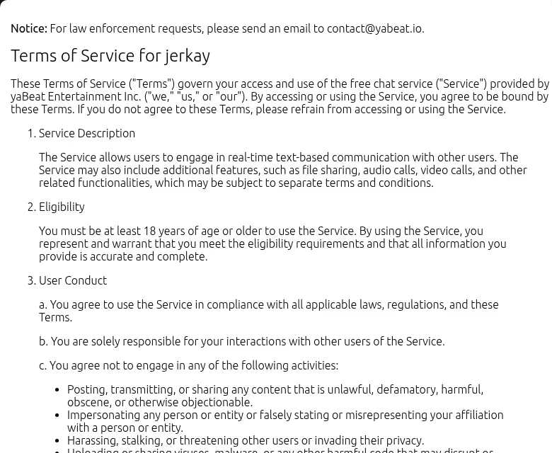 Jerkay Terms of Service naming yaBeat Entertainment Inc. as the operator and requiring users to be 18 or older
