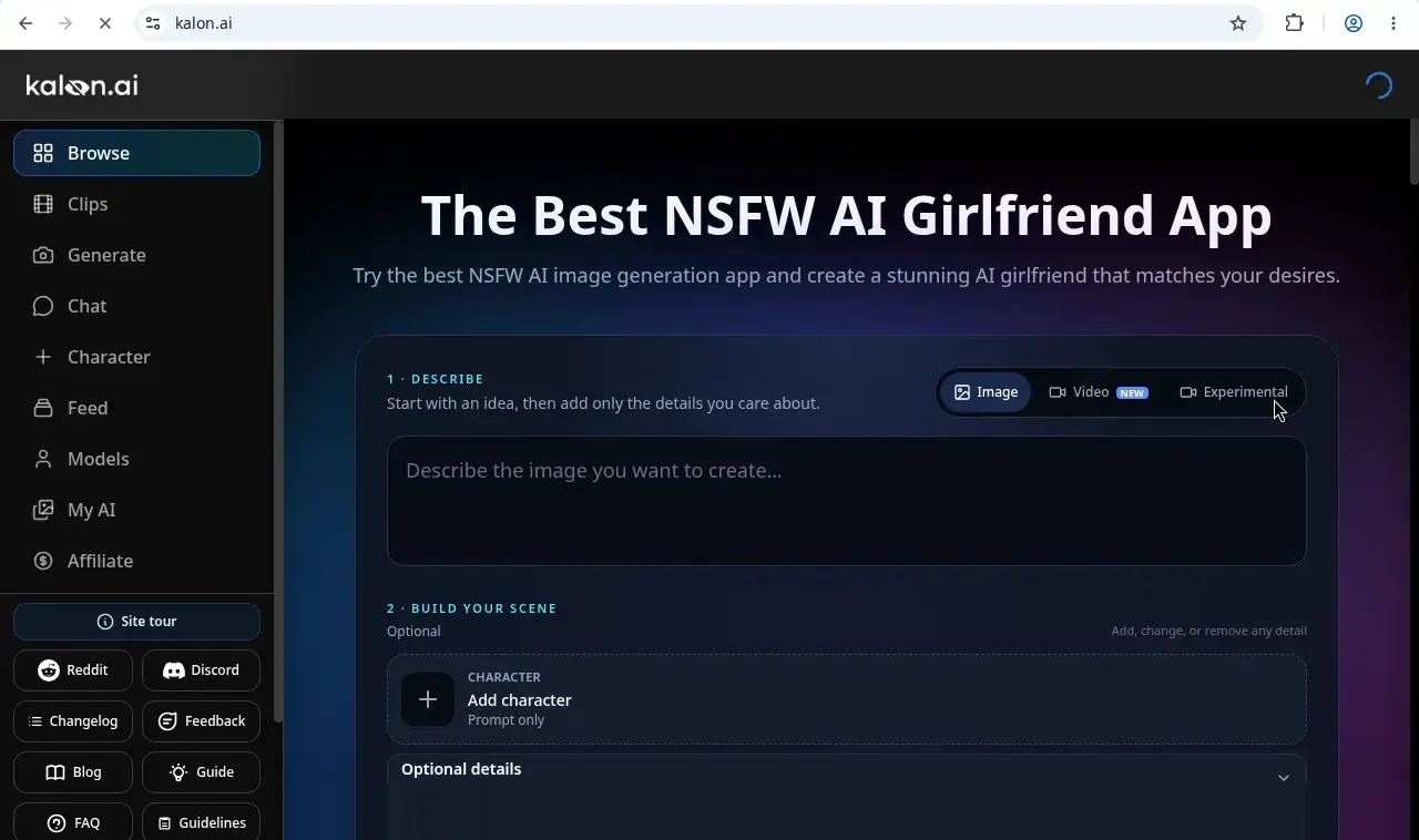 Kalon AI homepage with its NSFW image generator prompt box