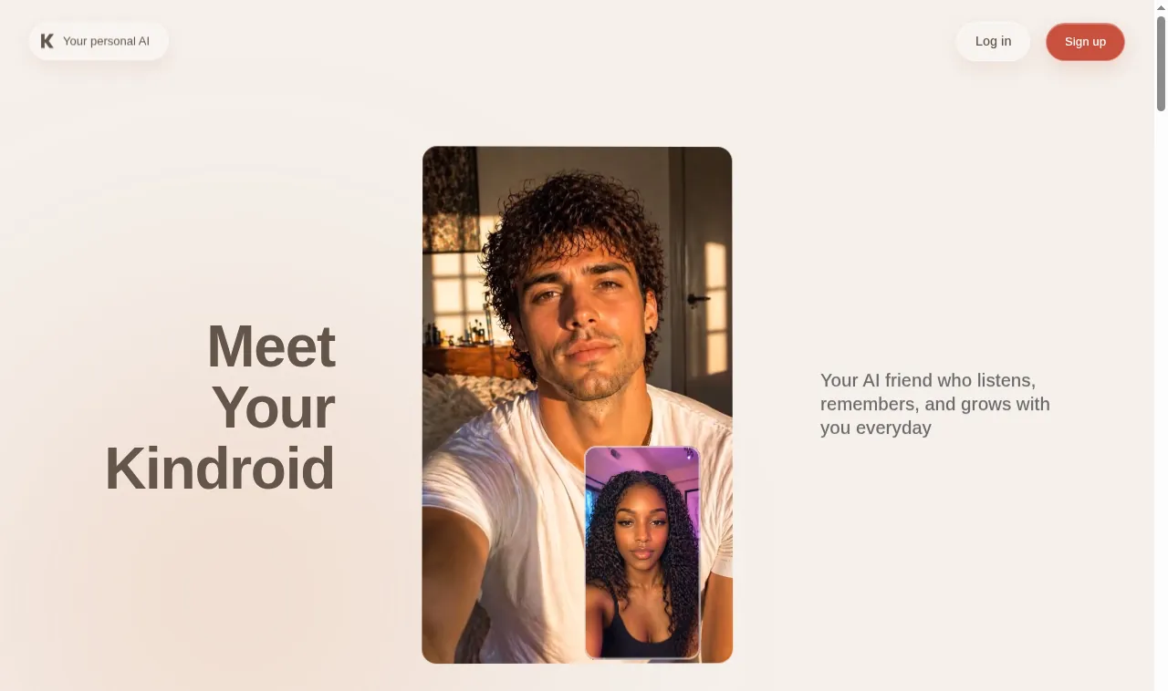 Kindroid homepage with its Meet Your Kindroid sign up screen