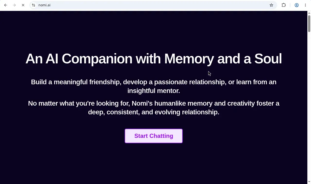 Nomi AI homepage
