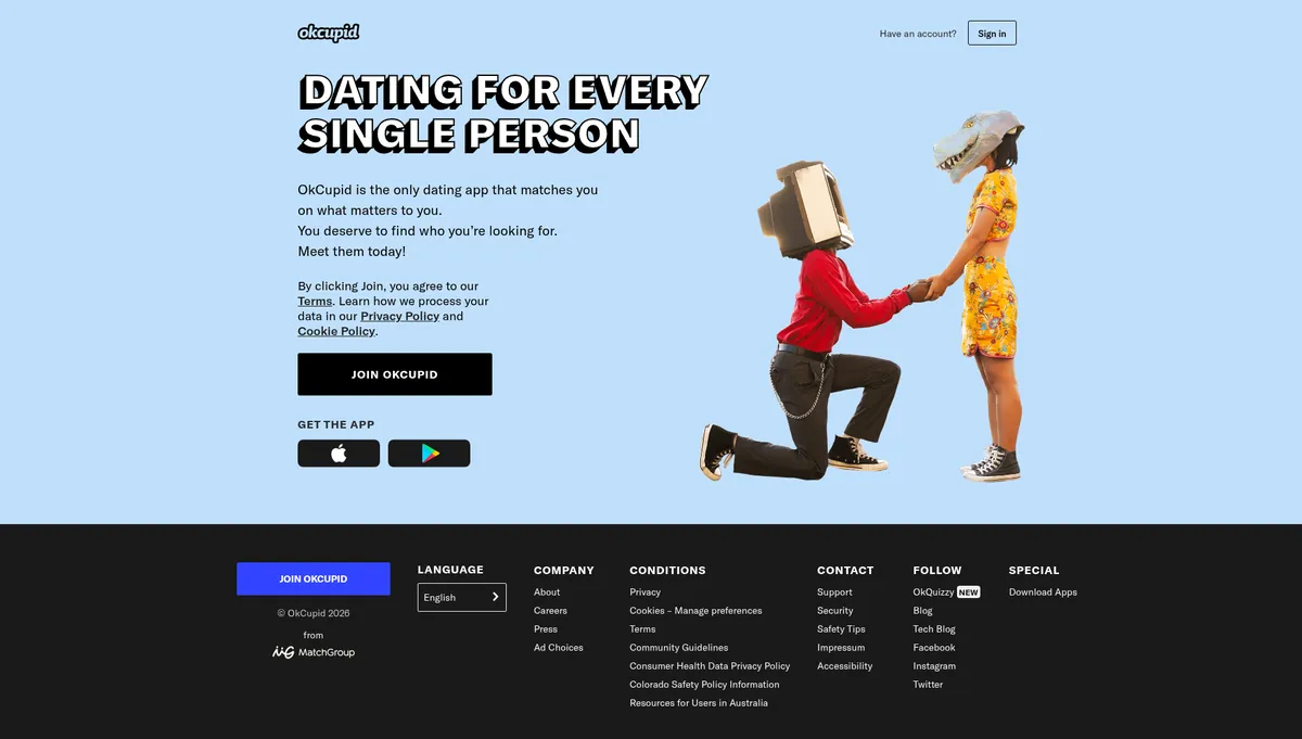 OkCupid homepage in 2026