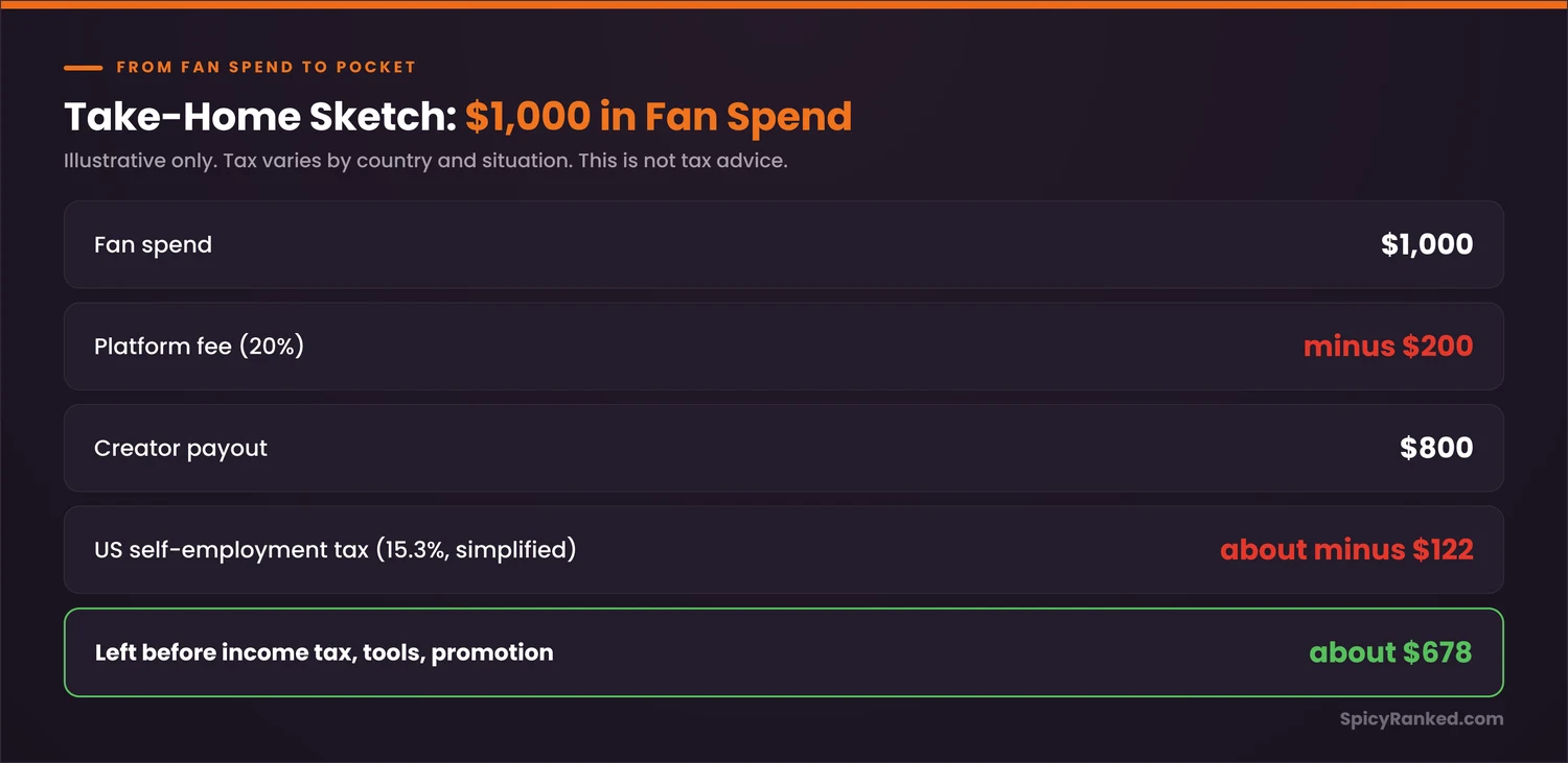 Take-home sketch on $1,000 of fan spend: minus $200 platform fee, minus about $122 self-employment tax, about $678 left before income tax and tools