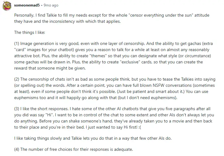 Reddit user comment for Talkie AI