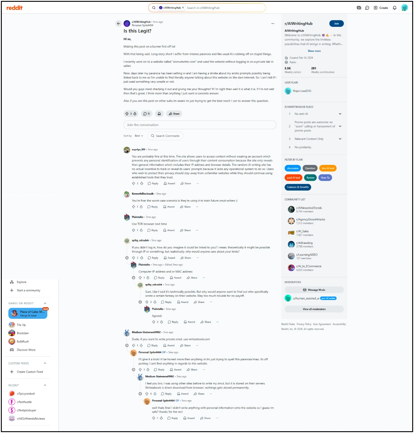 Reddit Discussion on AISmutWriter