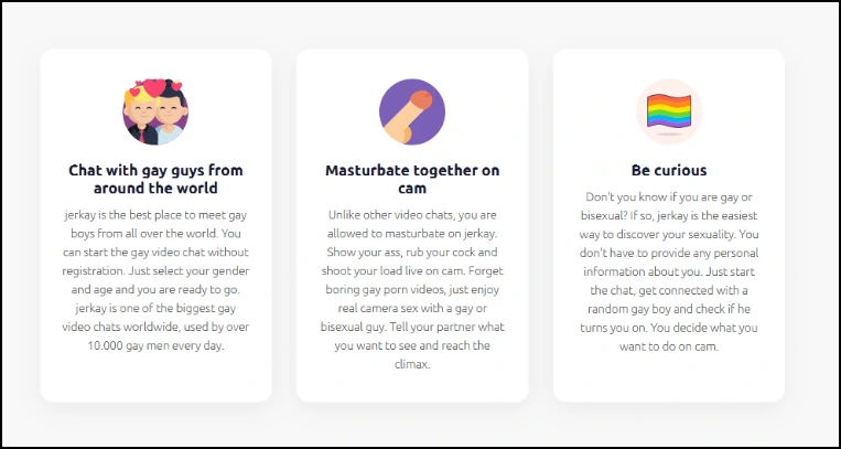 Jerkay homepage feature cards describing worldwide gay chat, mutual cam activity, and exploring your sexuality